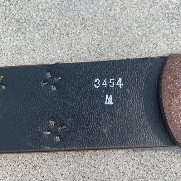 Vintage 90s Y2K Brown Leather Brass Rhinestone Stud Concho Boho Hip Belt - Picture 11 of 16